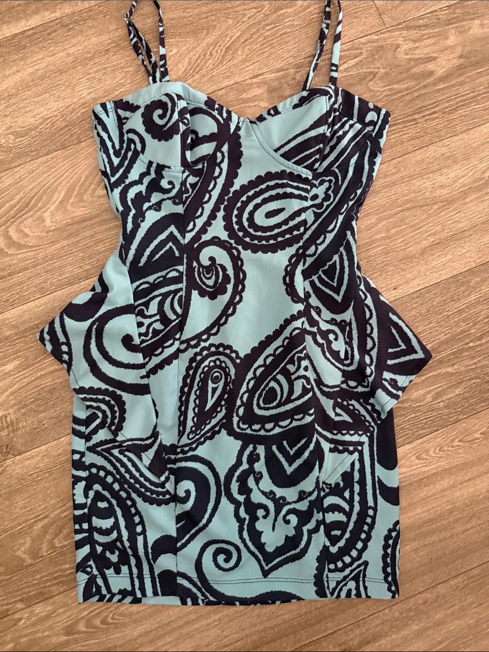 White Fox Boutique Aqua and Black Paisley Peplum Bodycon Dress